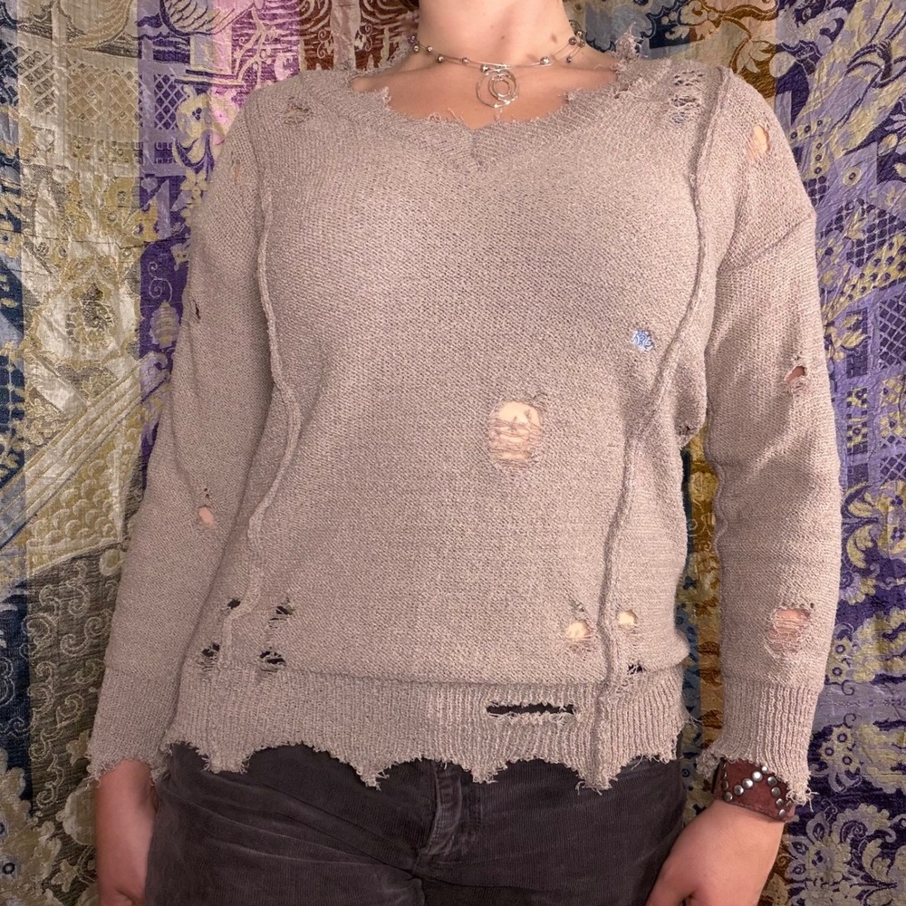Brown Distressed Indie Sleeze Cyber Grunge Shabby Chic Knit Sweater Oversized S